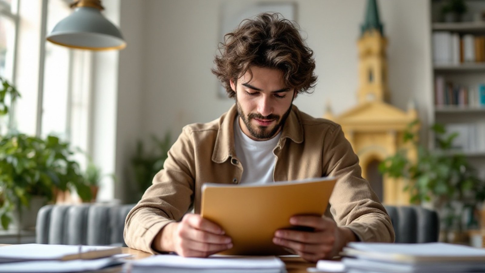 A student carefully assembling a folder of application documents at a desk