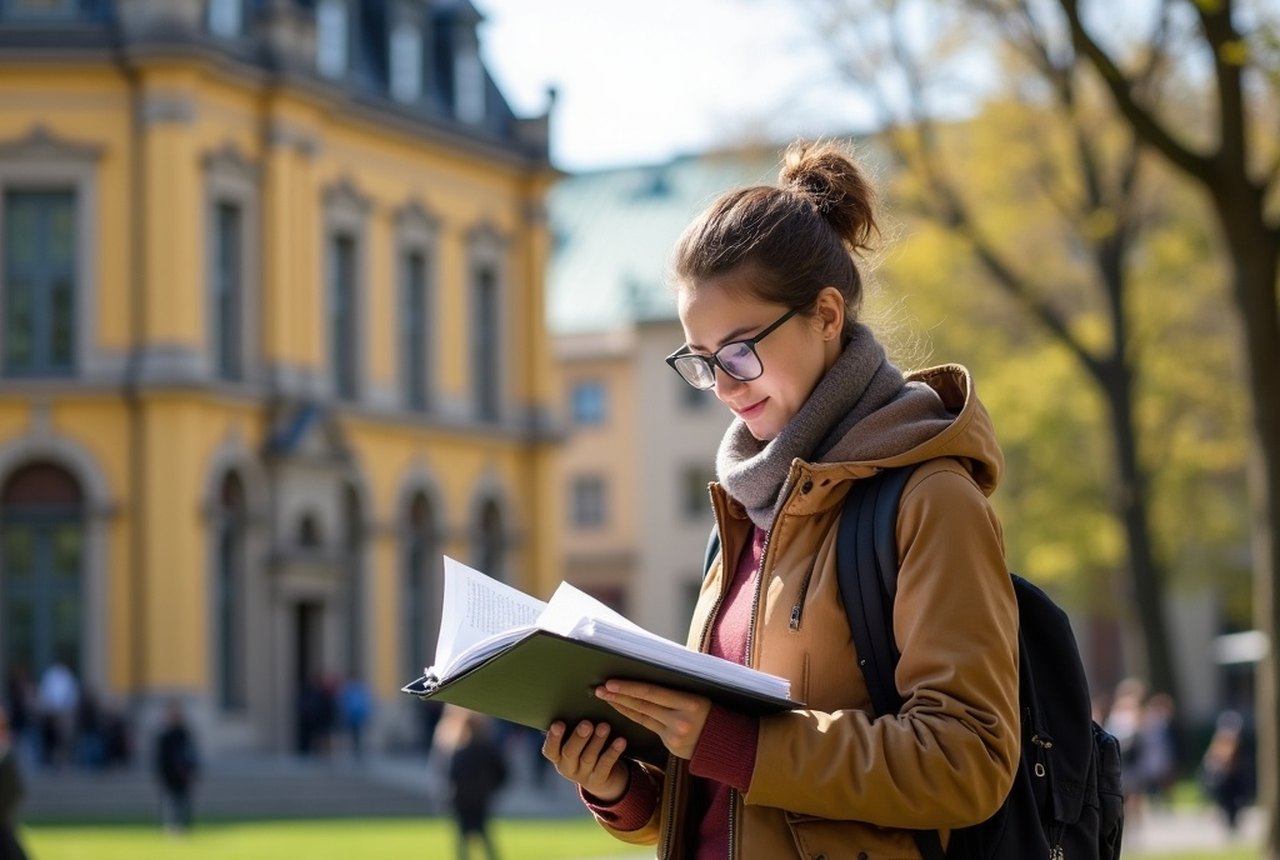 A student carefully assembling a folder of documents