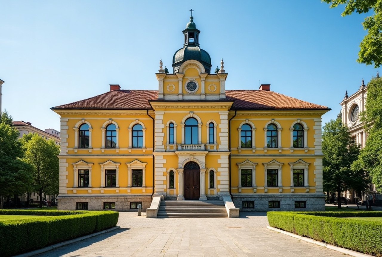 Exterior of the University of Debrecen's main building on a bright day