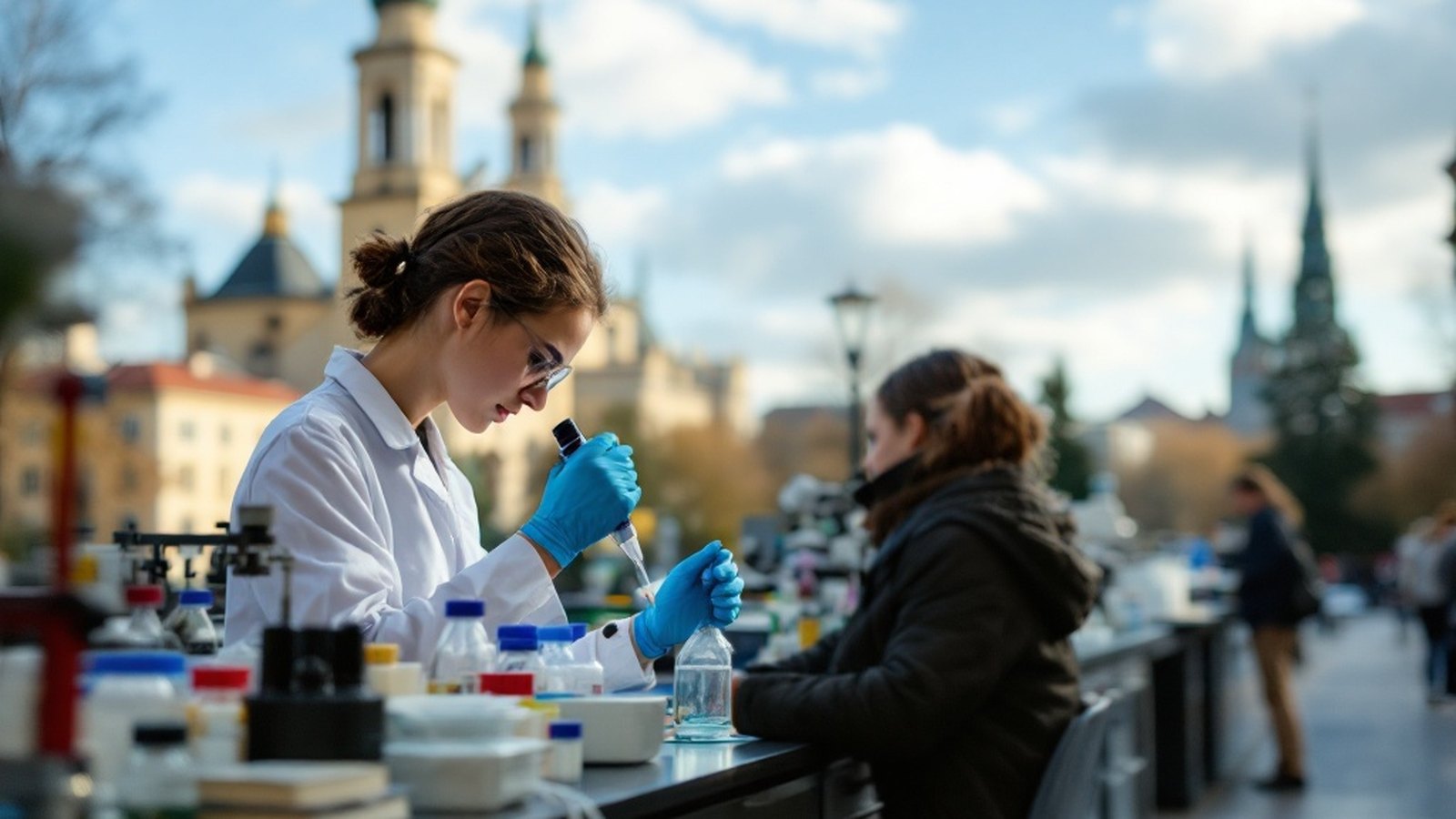 A student at a laboratory bench pipetting samples in a molecular biology lab