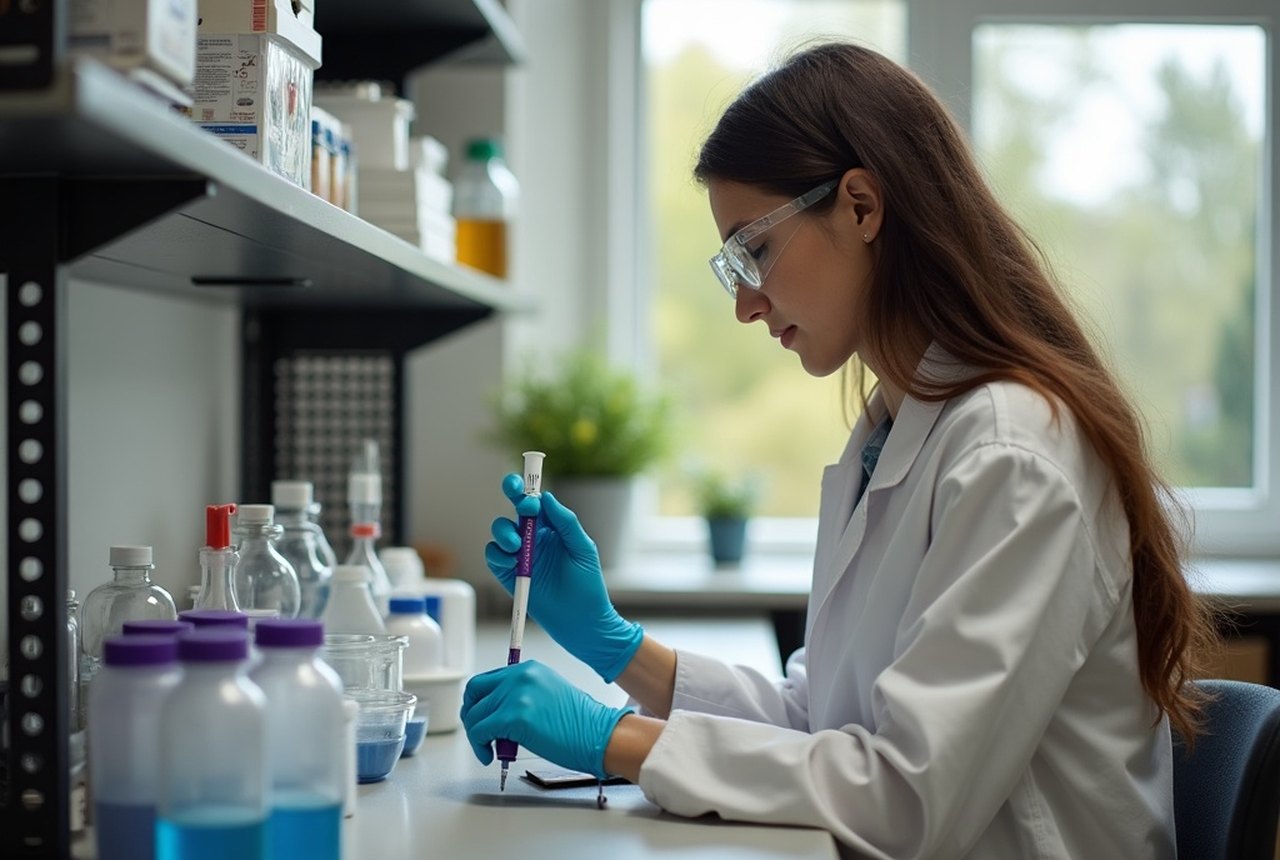 A student at a laboratory bench, pipetting samples