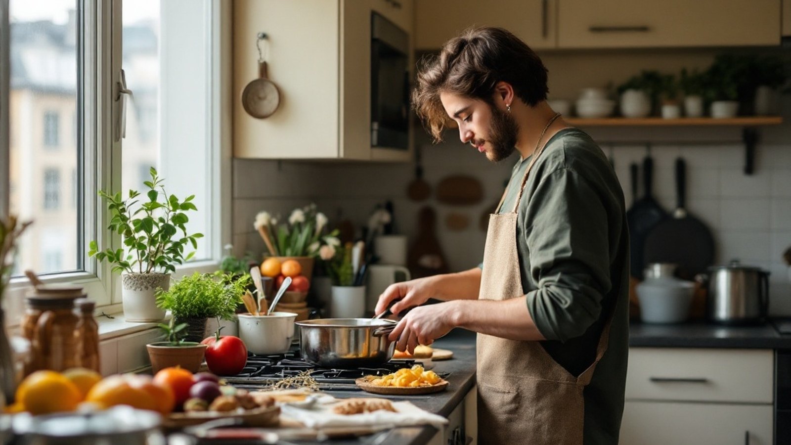 A student cooking in a shared university dormitory kitchen in Debrecen
