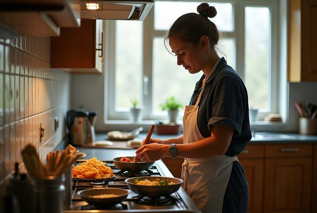 Student cooking in a dormitory kitchen