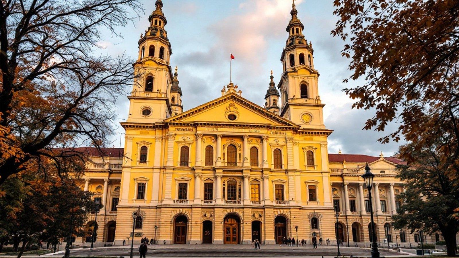 Wide shot of the neo-Baroque main building on Egyetem ter, Debrecen