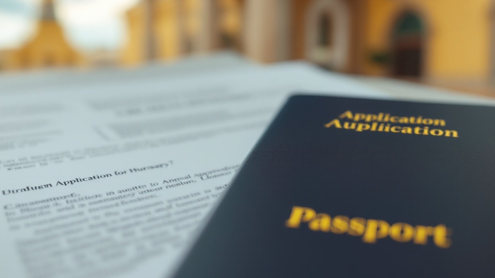 Close-up of neatly organised application documents — passport, certificates and a letter