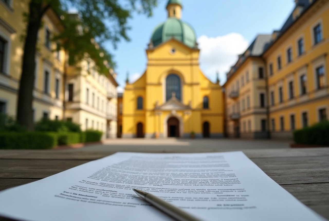 Close-up of neatly organised application documents (passport, certificates, letter)