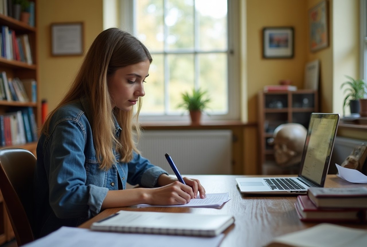 Student at a desk checking paperwork or scanning documents