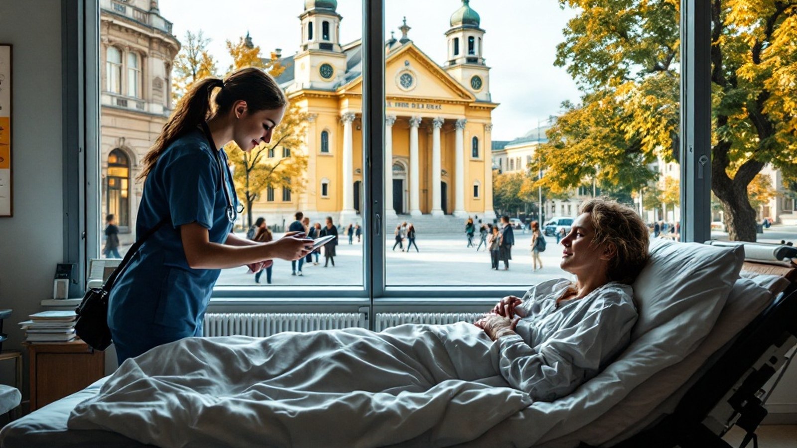 A health-sciences student in placement uniform working with a patient in a simulation lab