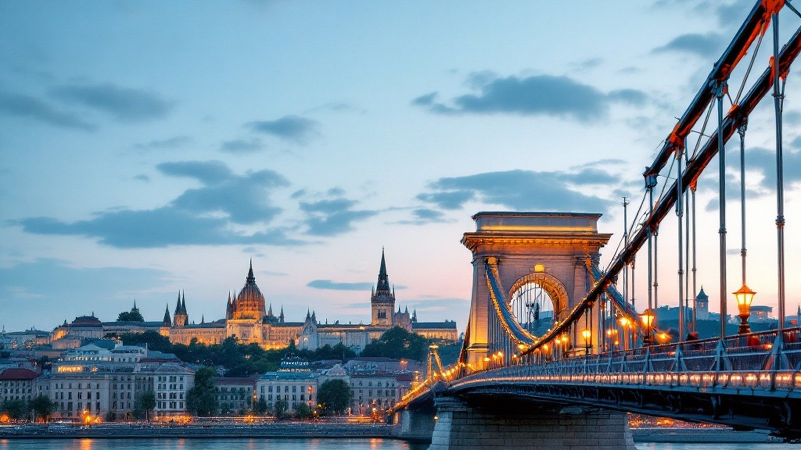 The Chain Bridge with Buda Castle in the background at dusk, Budapest