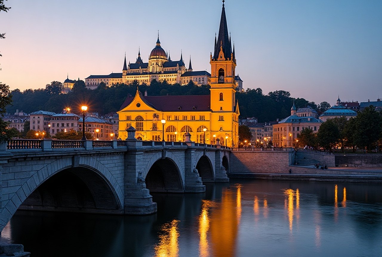 Chain Bridge with Buda Castle in the background at dusk