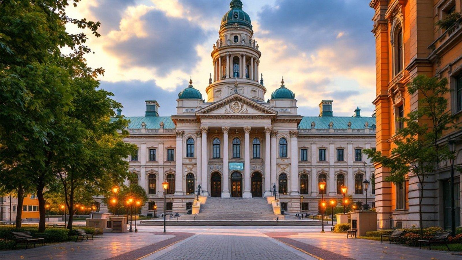 Wide view of the University of Debrecen's neo-Baroque main building on Egyetem tér