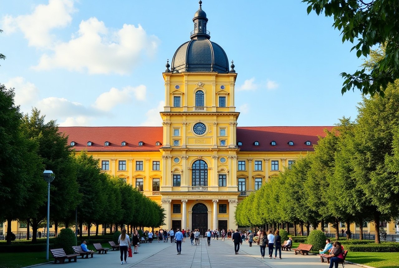Wide shot of the University of Debrecen main building (Neo-Baroque façade on Egyetem tér)