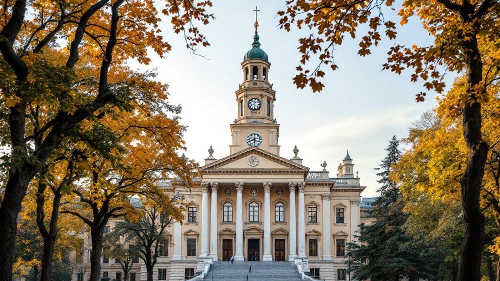 The neo-Baroque main campus building of the University of Debrecen behind autumn trees