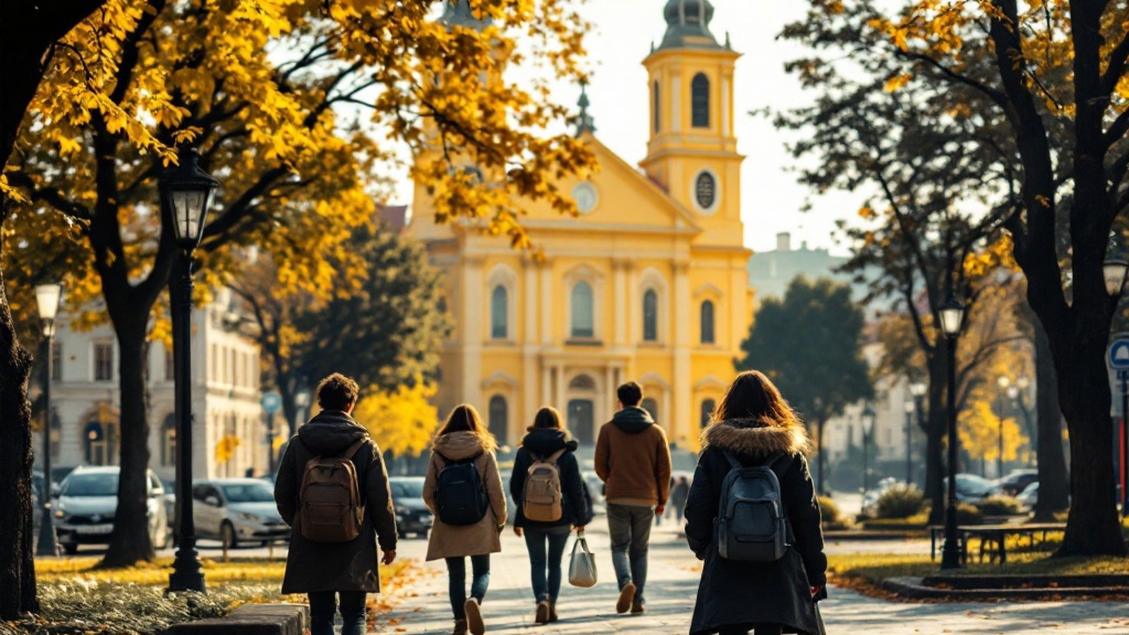 Students walking along Egyetem sugarut, University Avenue, with campus buildings behind