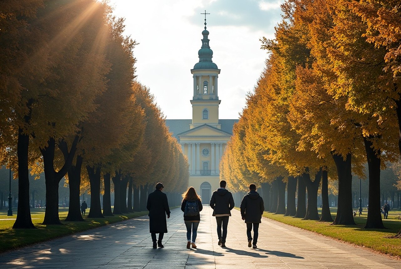 Students walking along Egyetem sugárút (University Avenue) with campus buildings visible