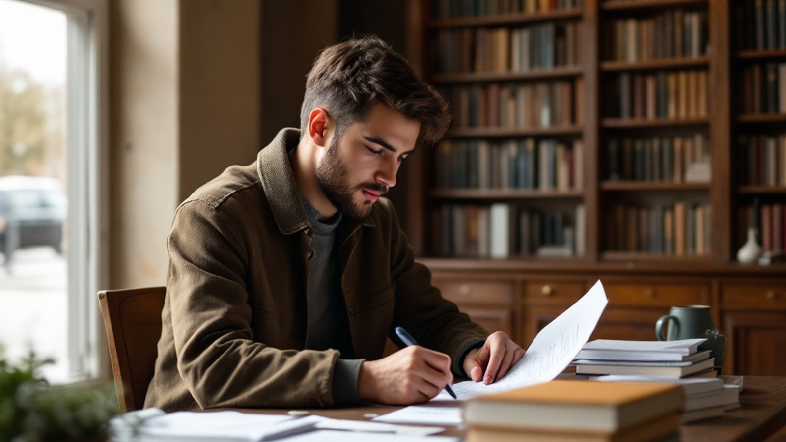 A student reviewing documents at a Hungarian consulate desk