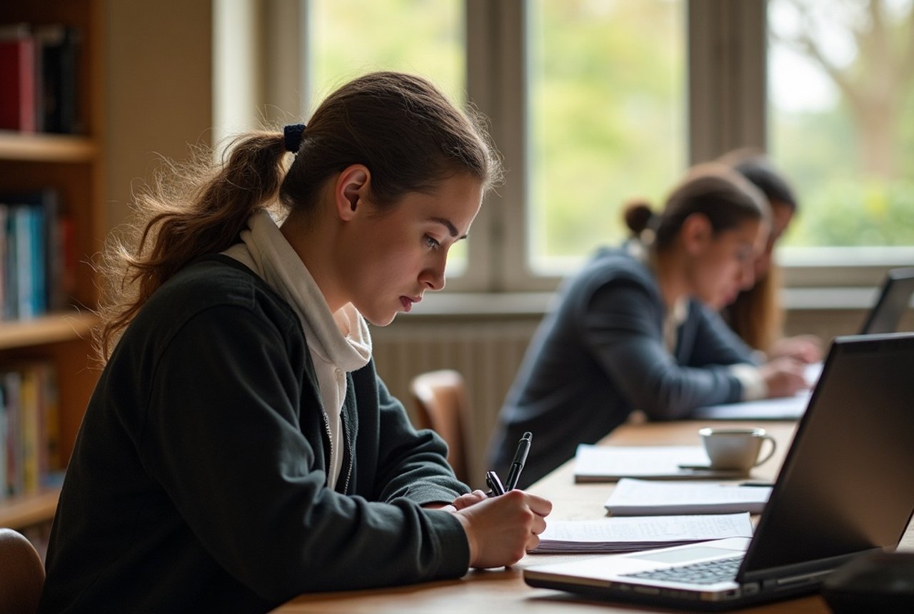 A student at a consulate desk reviewing documents