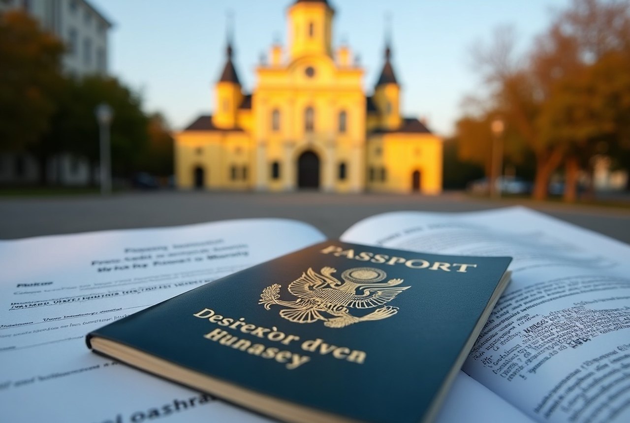 A passport open on a visa page alongside university paperwork