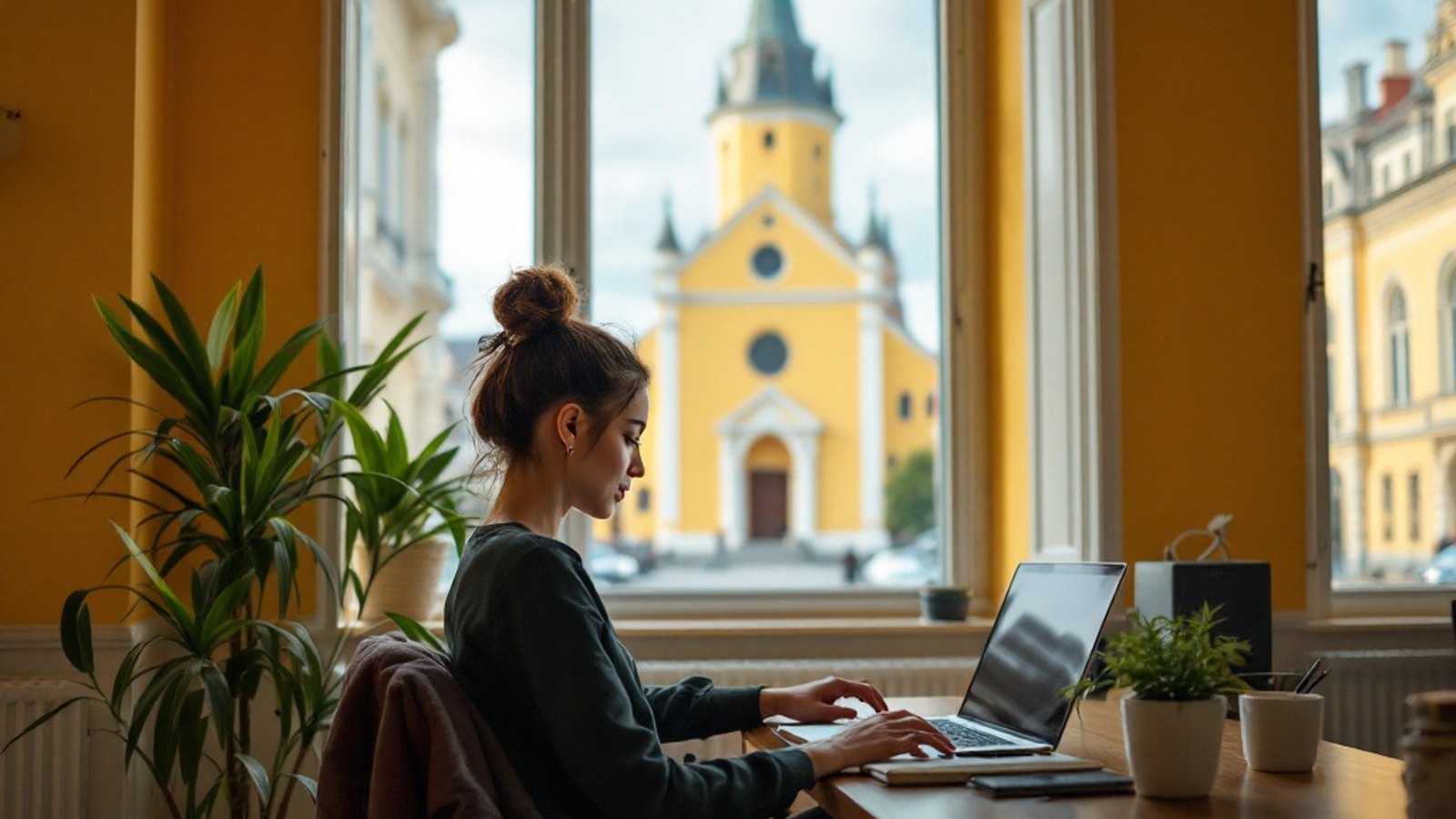 A student sitting an online exam at a laptop in a quiet room