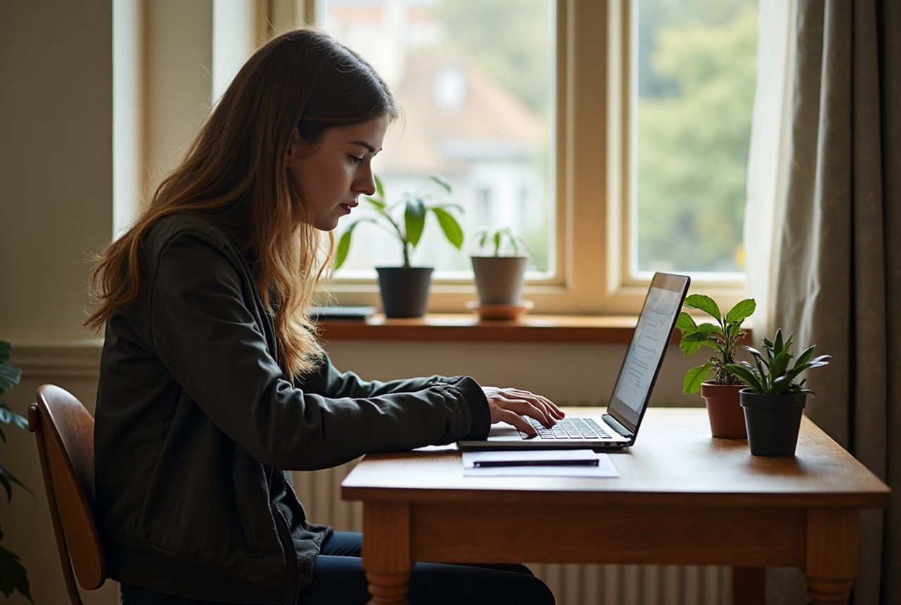 Student sitting an online exam at a laptop in a quiet room