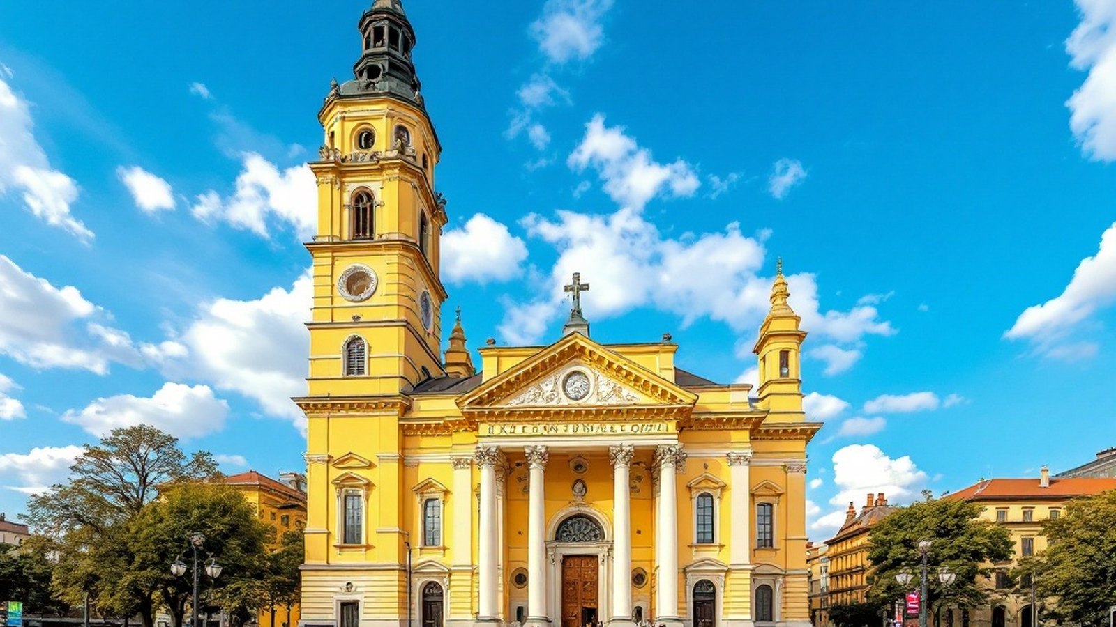 The Great Reformed Church facing Kossuth Square, Debrecen, from street level