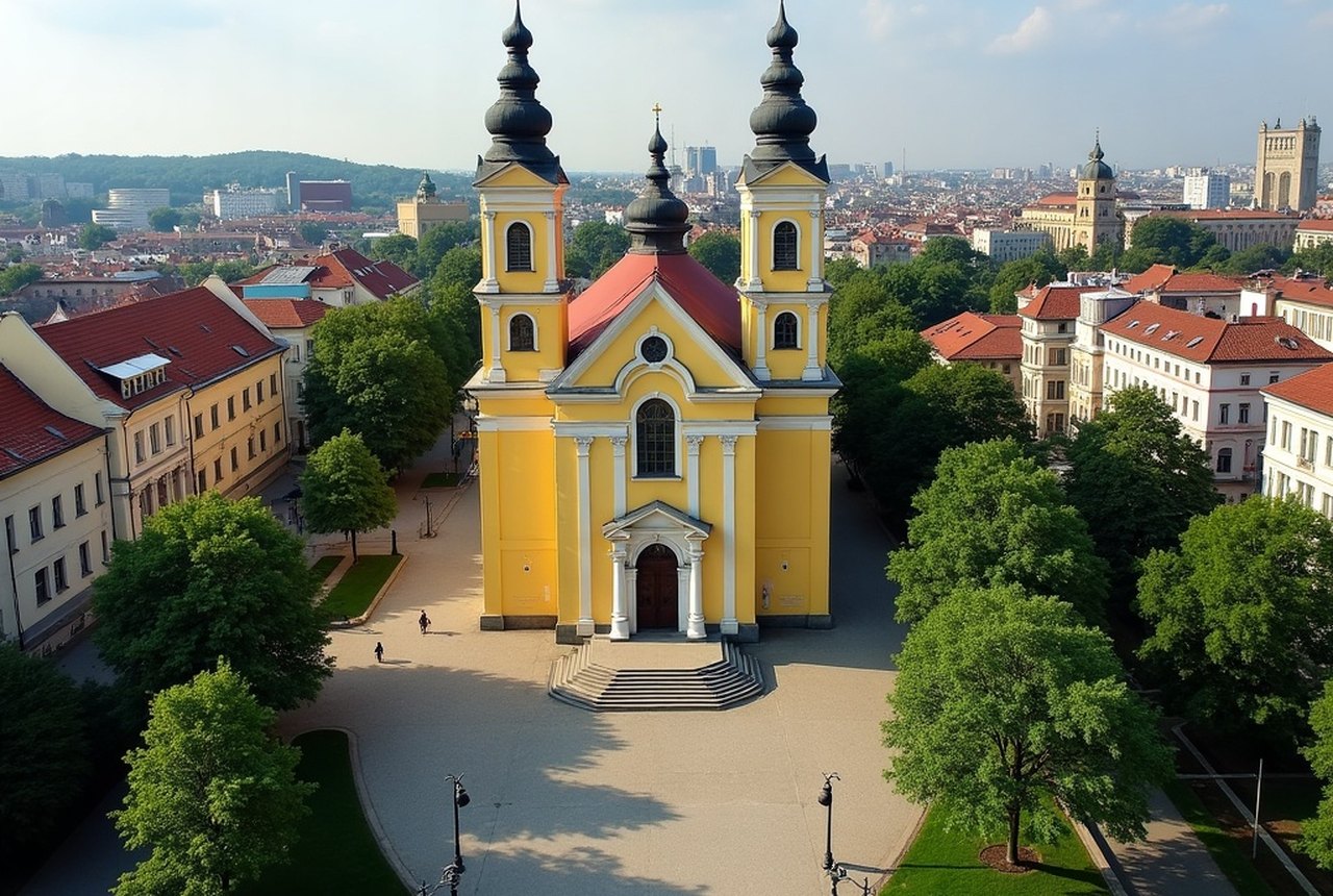Aerial or street-level shot of the Great Reformed Church facing Kossuth Square
